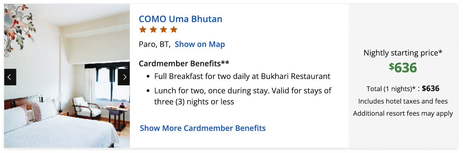 pricing for the COMO Uma Bhutan hotel via the Chase LHRC portal