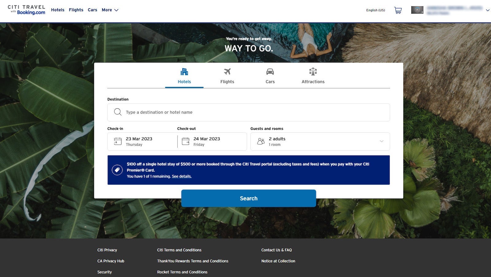 screenshot of a booking search engine, with the hotels tab highlighted