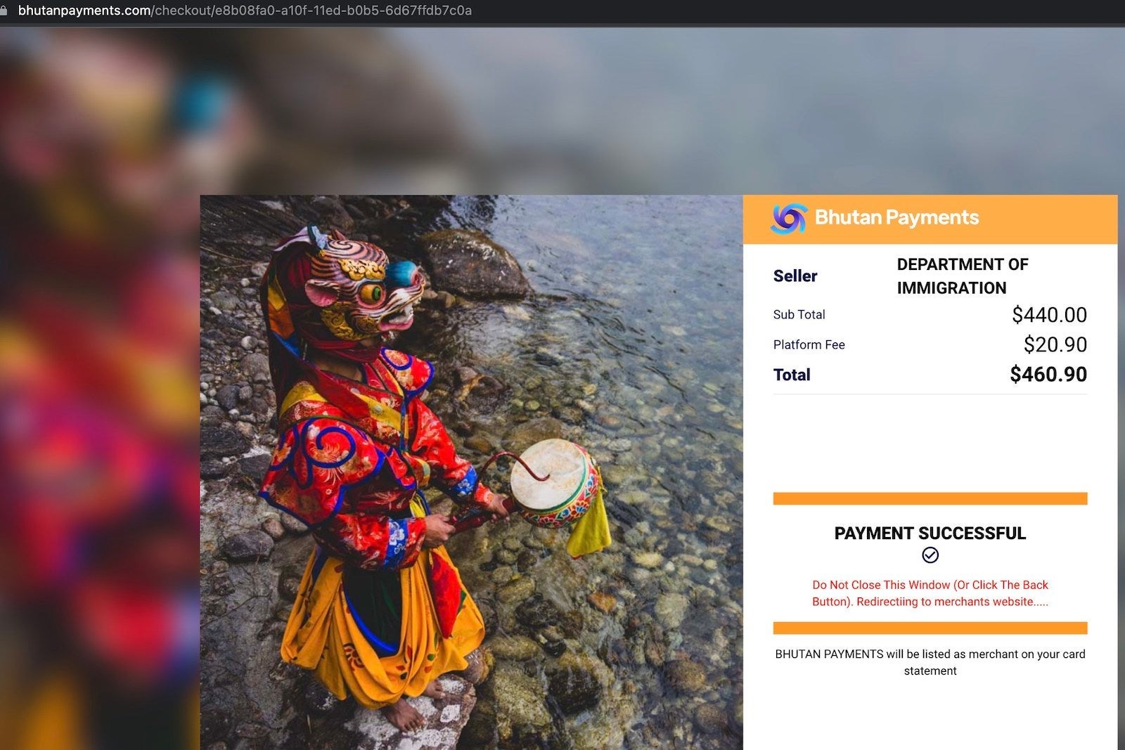 a confirmation screen after paying the daily visitor fee and visa fee by credit card for visiting Bhutan
