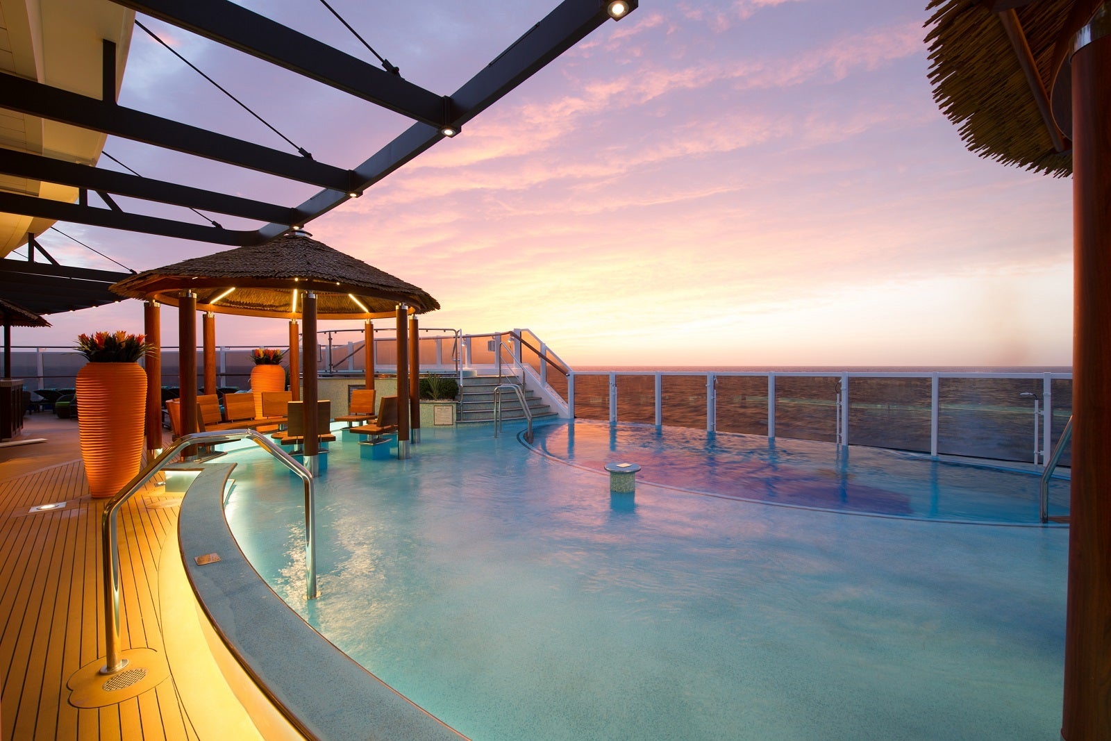 Cruise ship pool at sunset