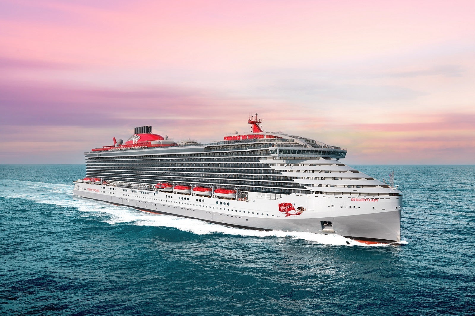 A rendering of Virgin Voyages' Resilient Lady cruise ship sailing on blue ocean with a pink sky in the background