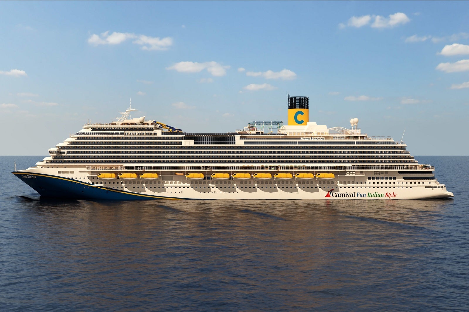 A cruise ship with a yellow funnel anchored at sea
