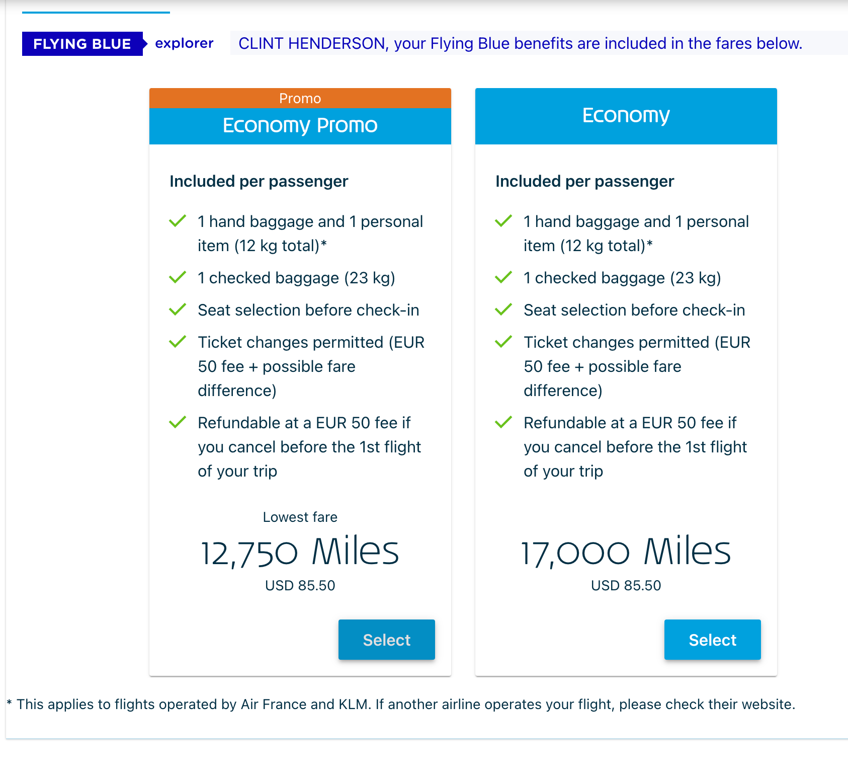 Flying Blue KLM Economy Promo fare