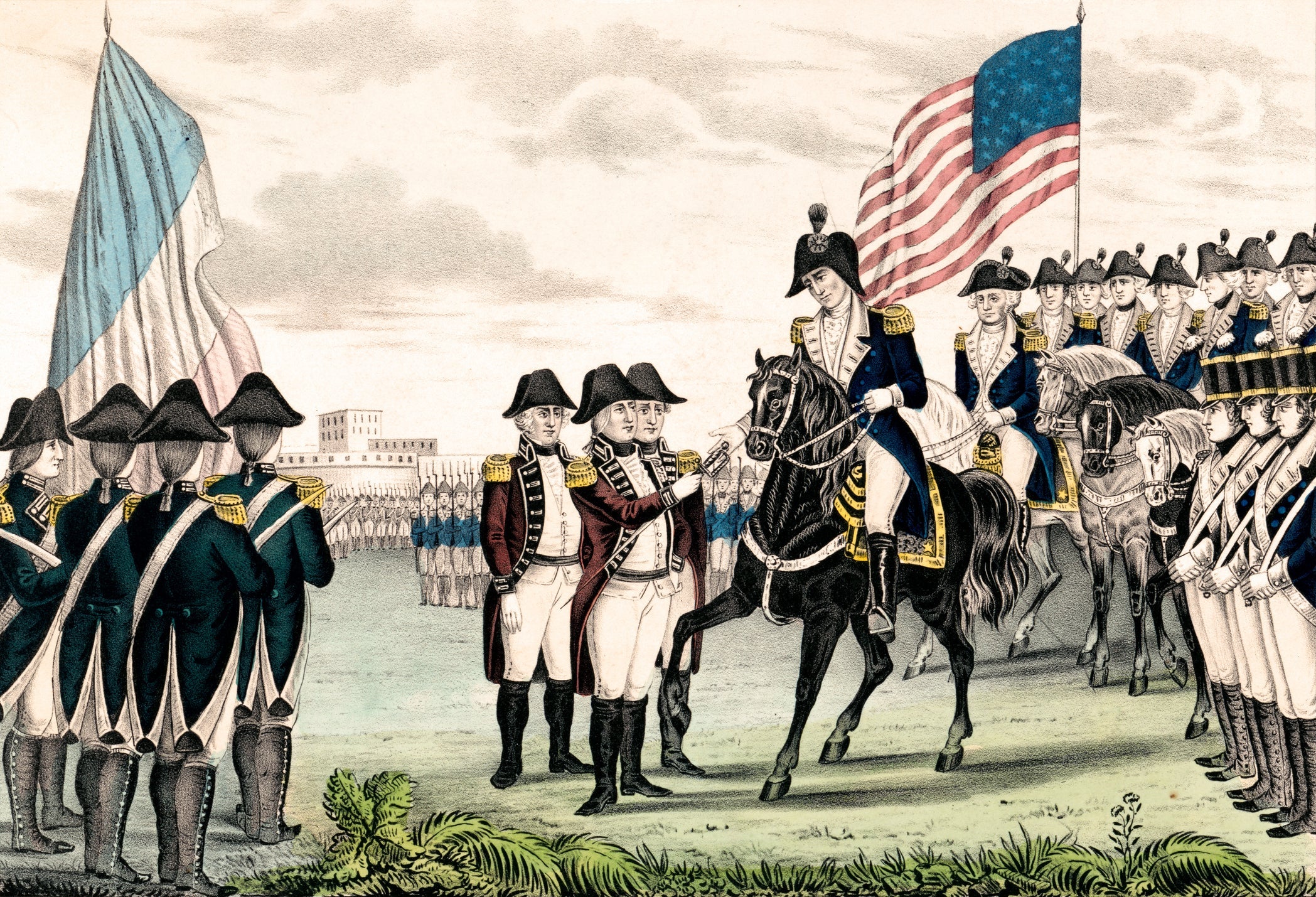 Vintage illustration features the surrender of Lord Charles Cornwallis and the British army at Yorktown, Virginia, in 1781, which ended the last major campaign of the American Revolutionary War.
