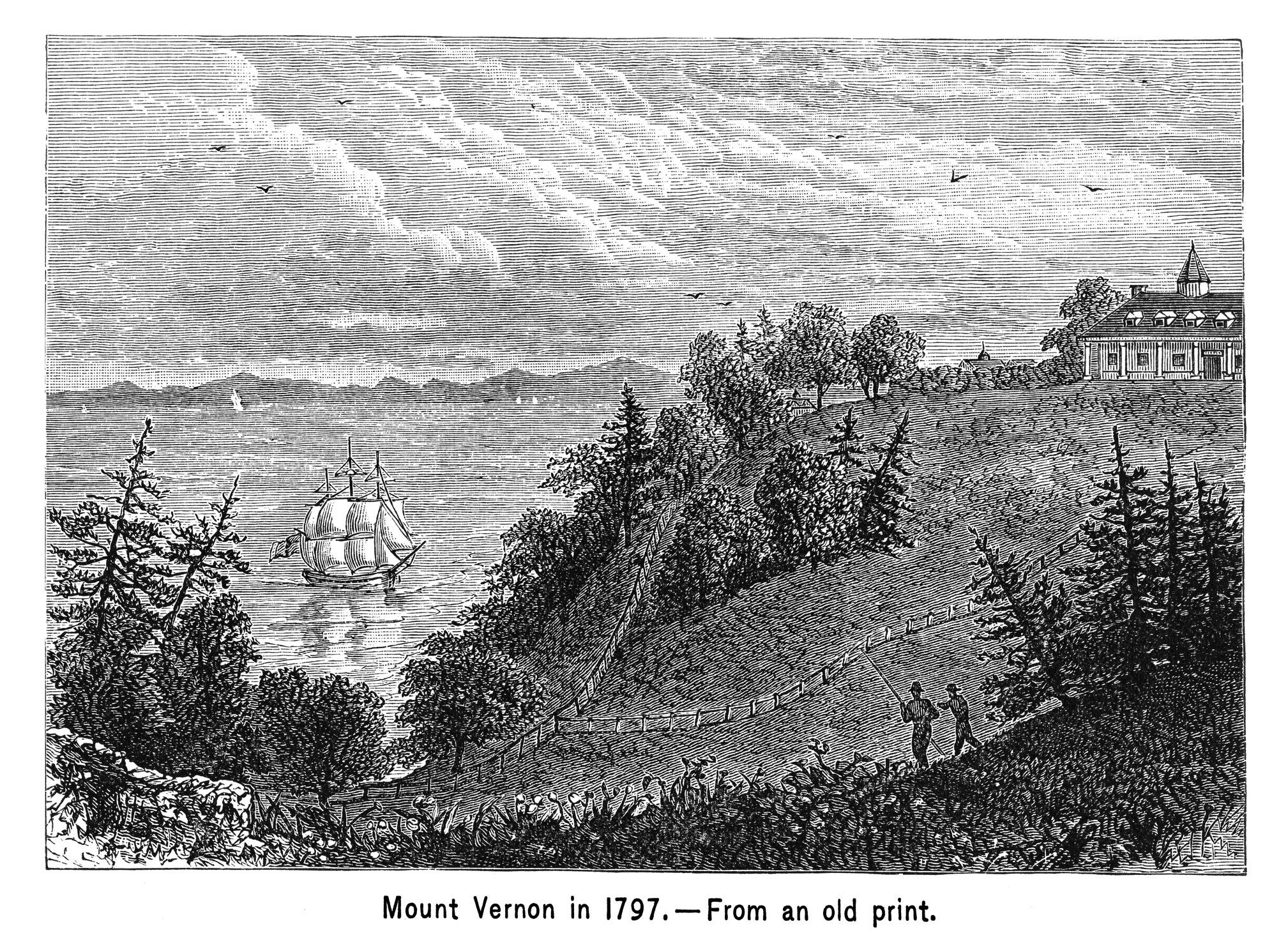 Antique Illustration of Mount Vernon in 1797, American landmark and former plantation of George Washington
