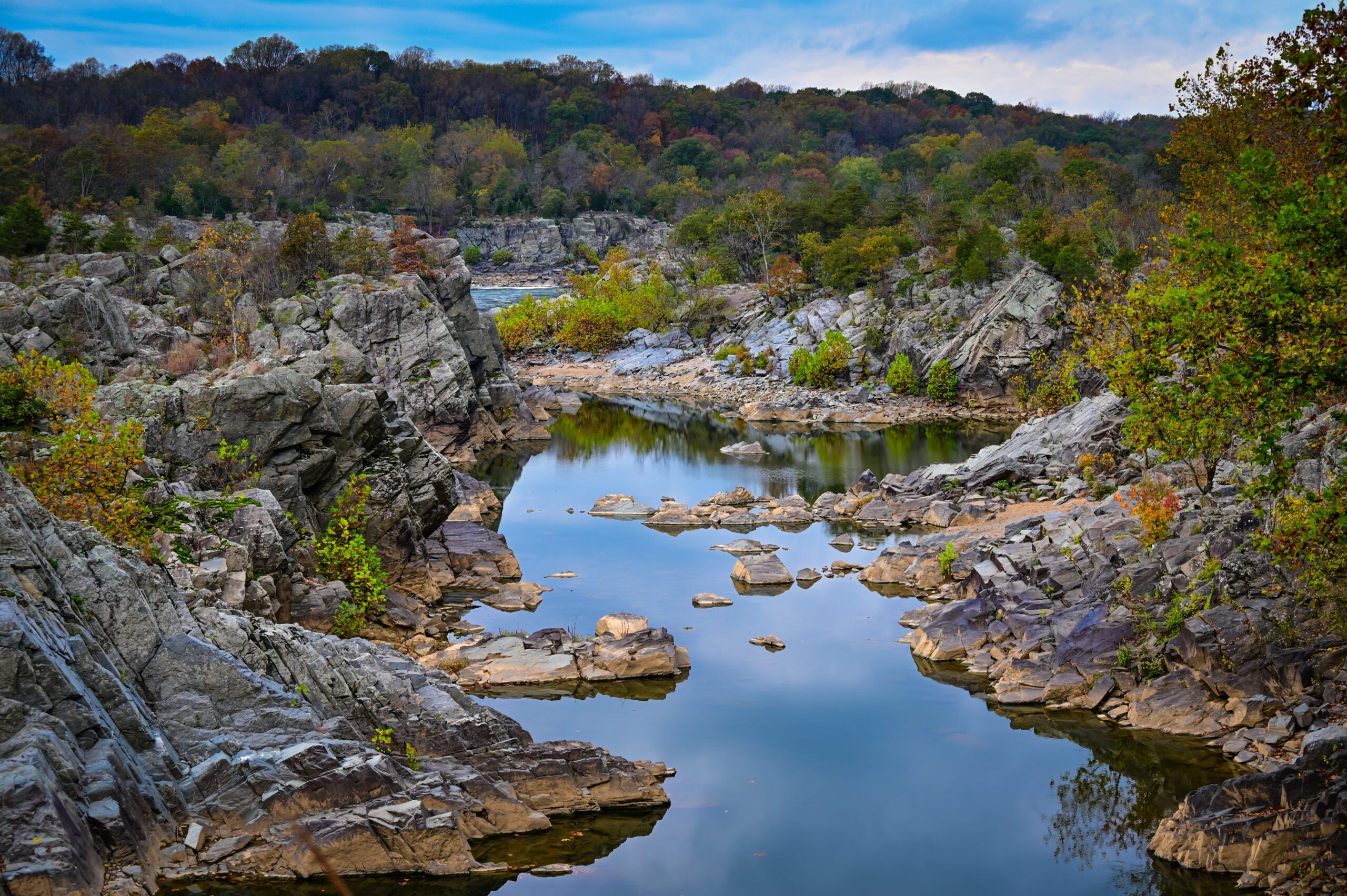Potomac River Rocky Islands back channel at Great Falls C&amp;O National Historical Park in Autumn - Potomac MD
