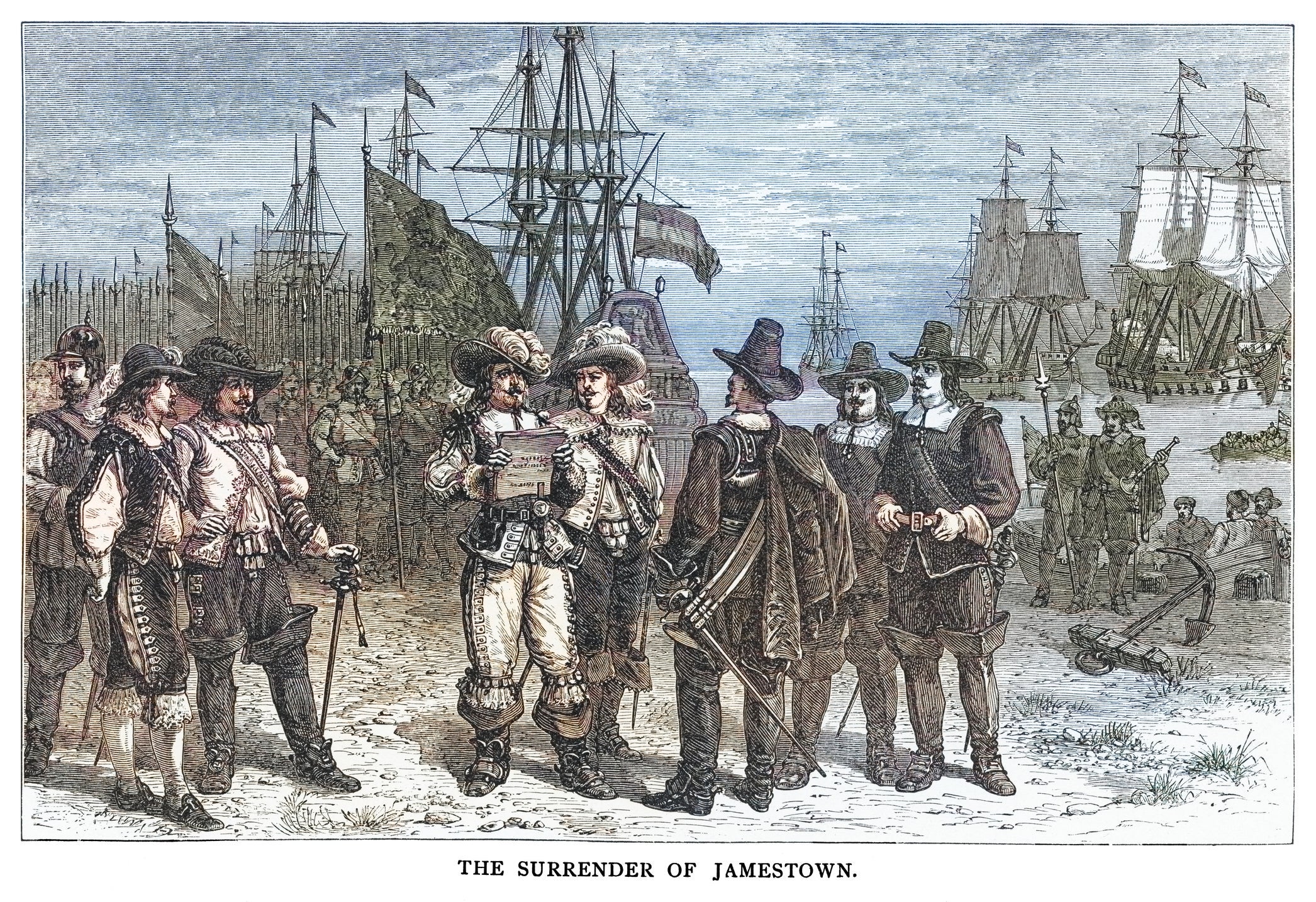 Old engraving illustration of the surrender of Jamestown