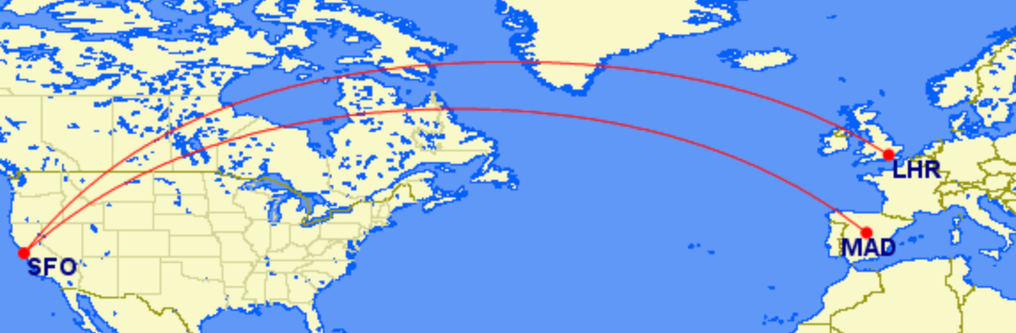 SFO to London and Madrid to SFO