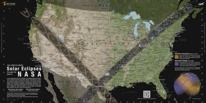 A map showing where the Moon’s shadow will cross the U.S. during the 2023 annular solar eclipse and 2024 total solar eclipse.