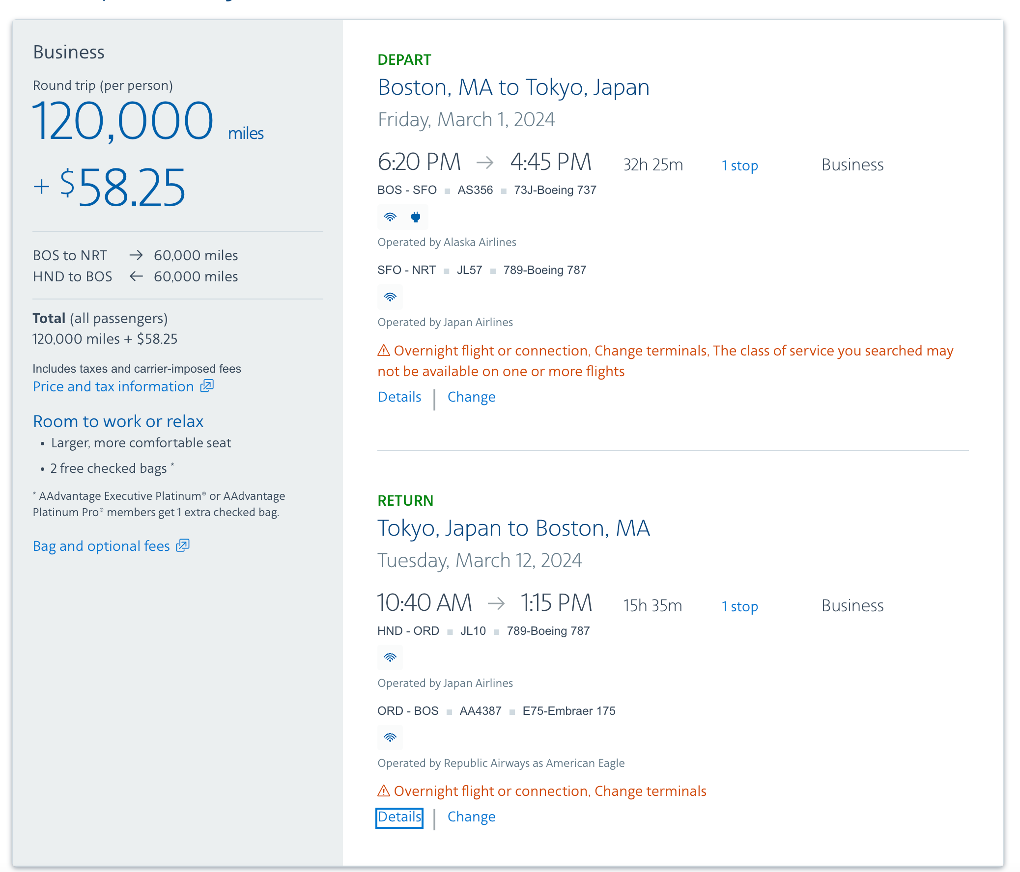 Booking American Airlines awards from Boston to Tokyo. AA.com
