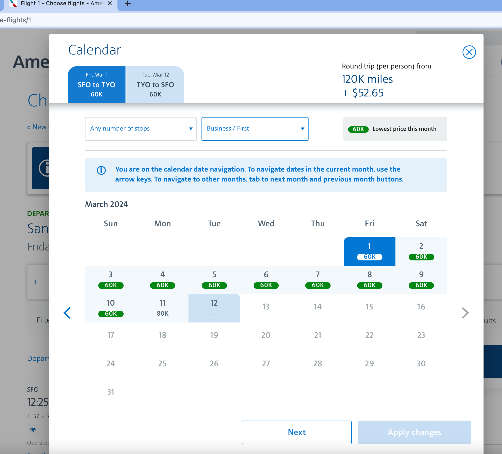Award availability for business class flights to Japan.