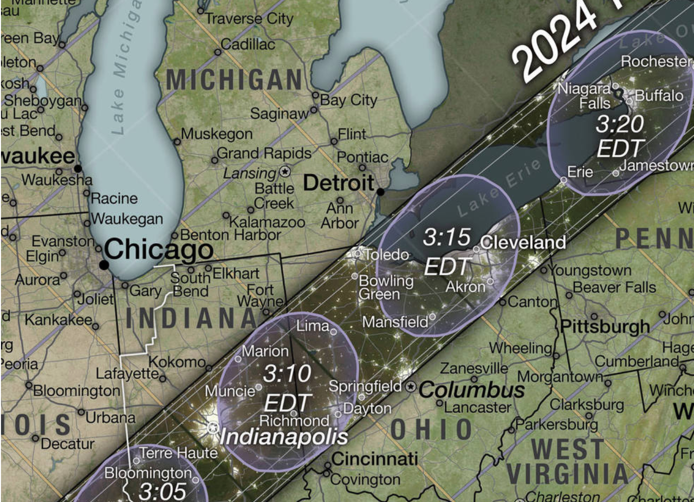 The Moon’s shadow will move quickly during both eclipses. On the map, ovals within the eclipse paths show the location and shape of the shadow at different times. For example, during the total eclipse on April 8, 2024, the Moon’s shadow will be over Dayton, Ohio, at 3:10 p.m. EDT, but by 3:20 p.m. EDT it will have moved to Buffalo, New York. Credits: NASA/Scientific Visualization Studio/Michala Garrison; eclipse calculations by Ernie Wright, NASA Goddard Space Flight Center