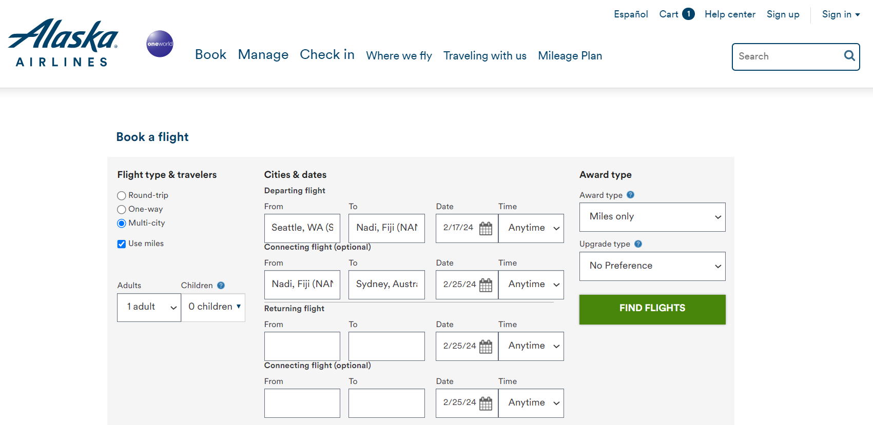 Booking award through Alaska Mileage Plan