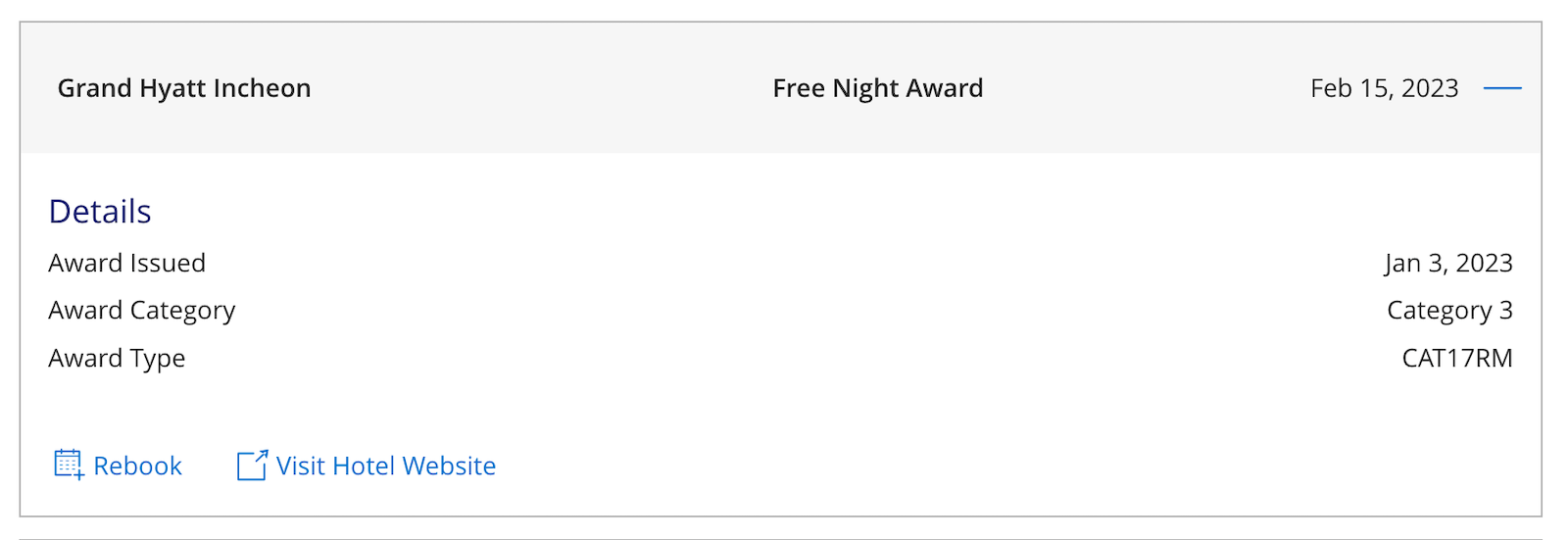 award redemption details for a stay at Grand Hyatt Incheon