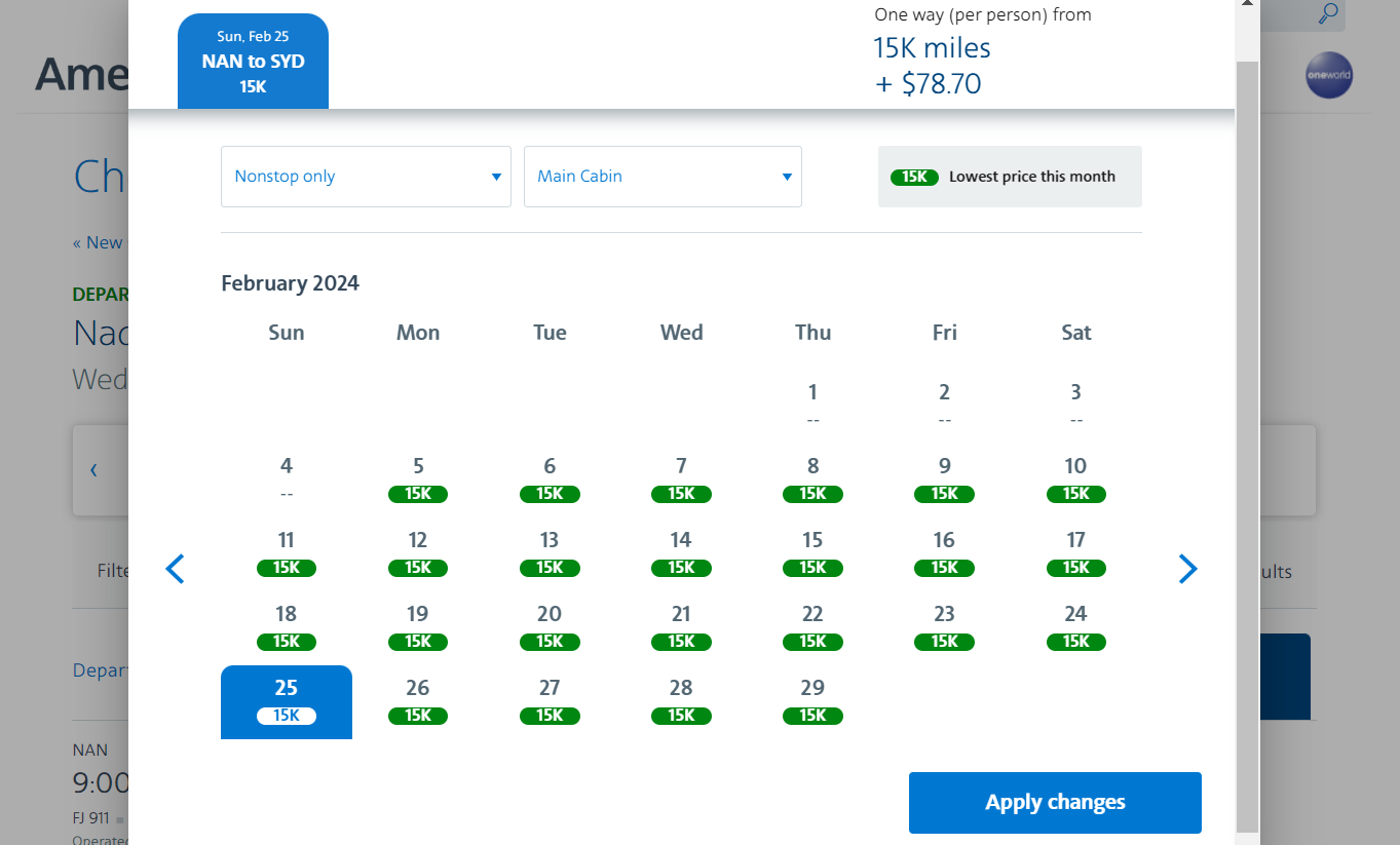 Searching for award space on American Airlines' website