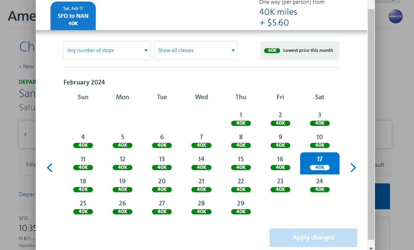 Searching for award space on American Airlines' website