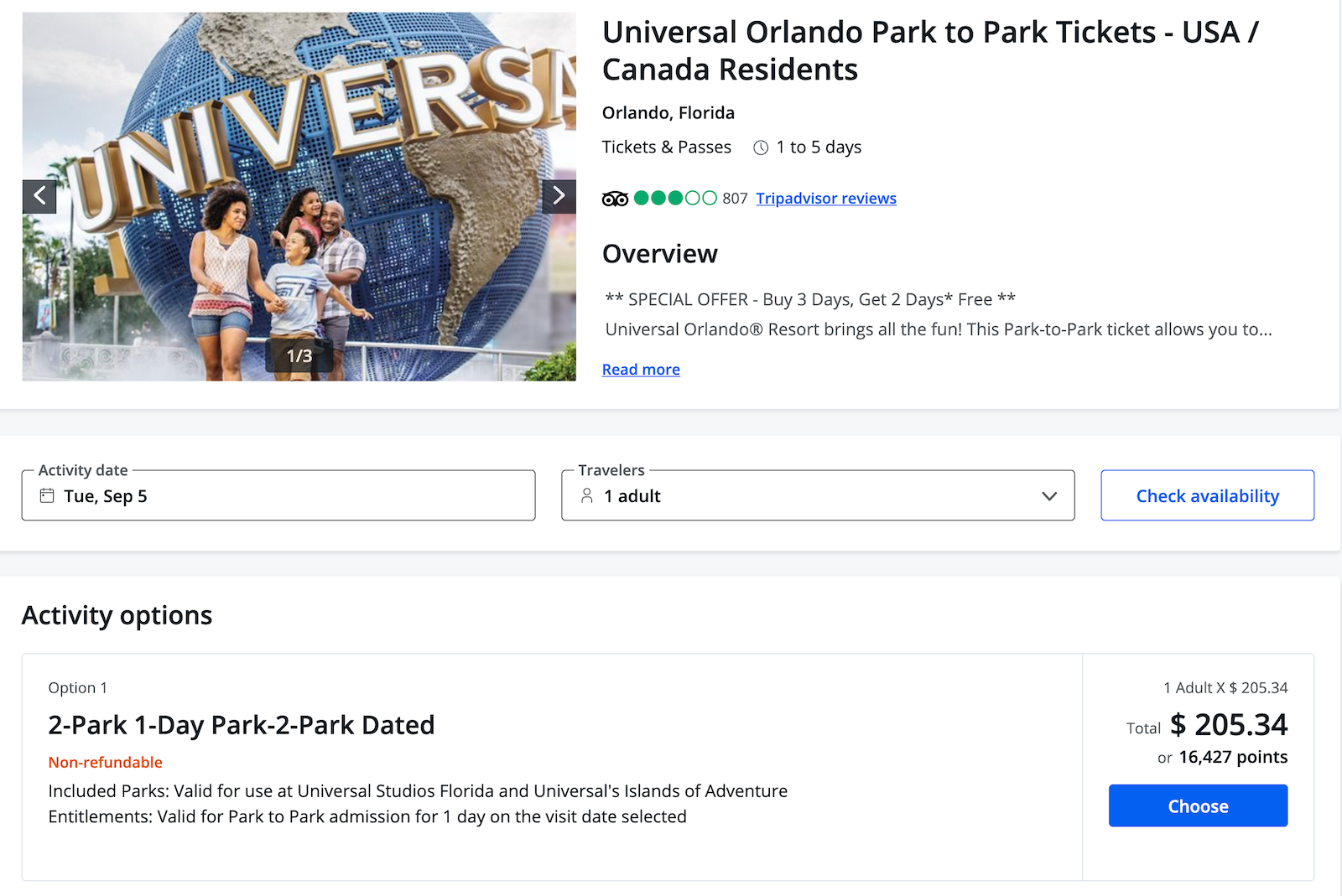 pricing for Universal Studios tickets using cash or Chase points