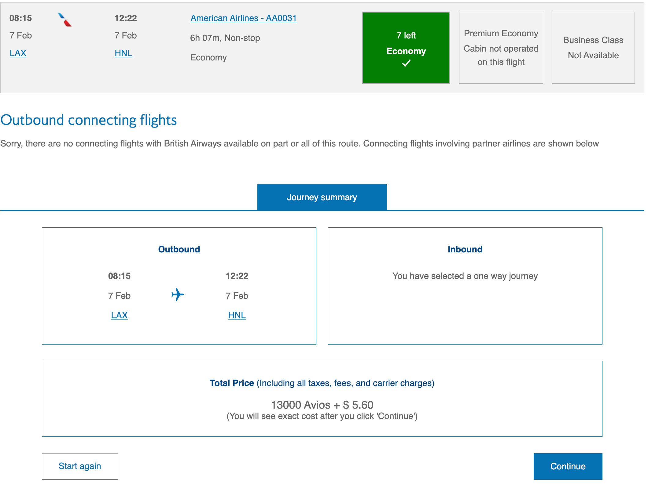 Booking an American Airlines flight to Hawaii on BA Avios