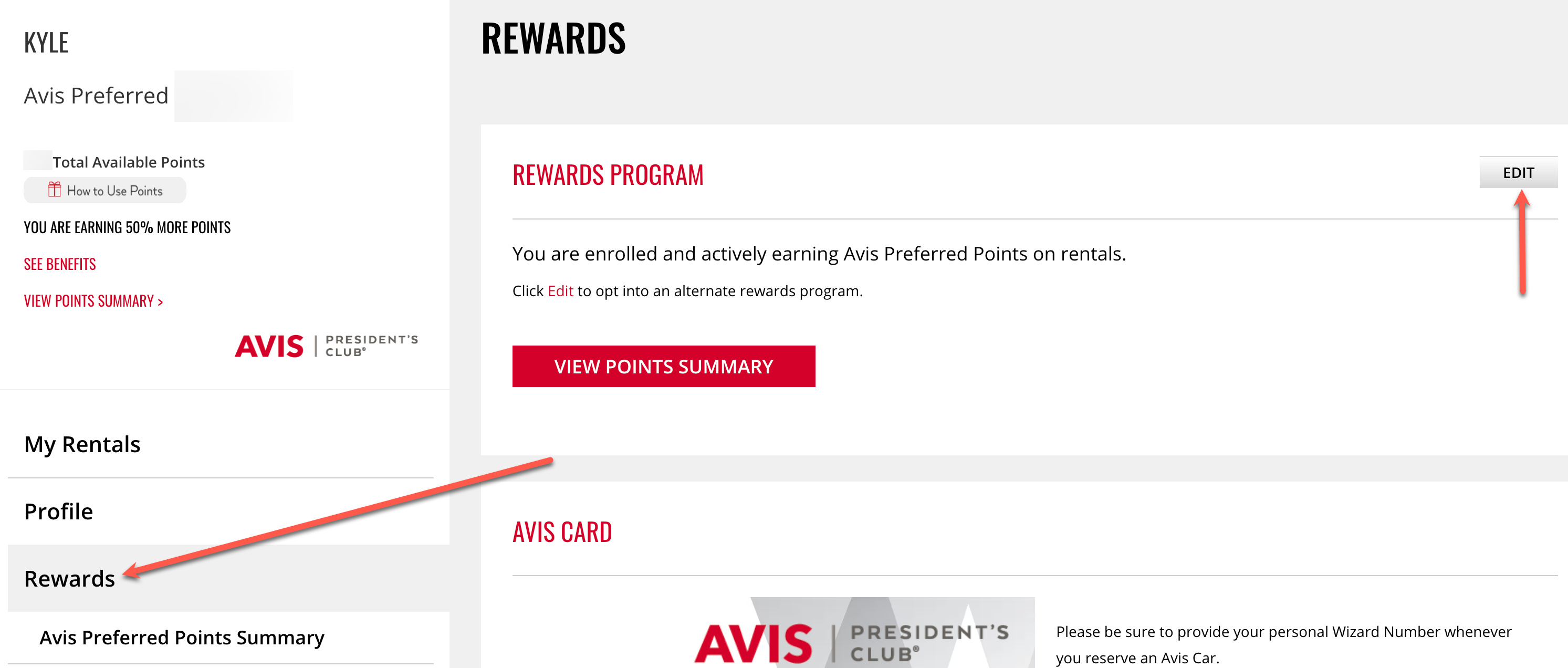 Change Avis earning preference