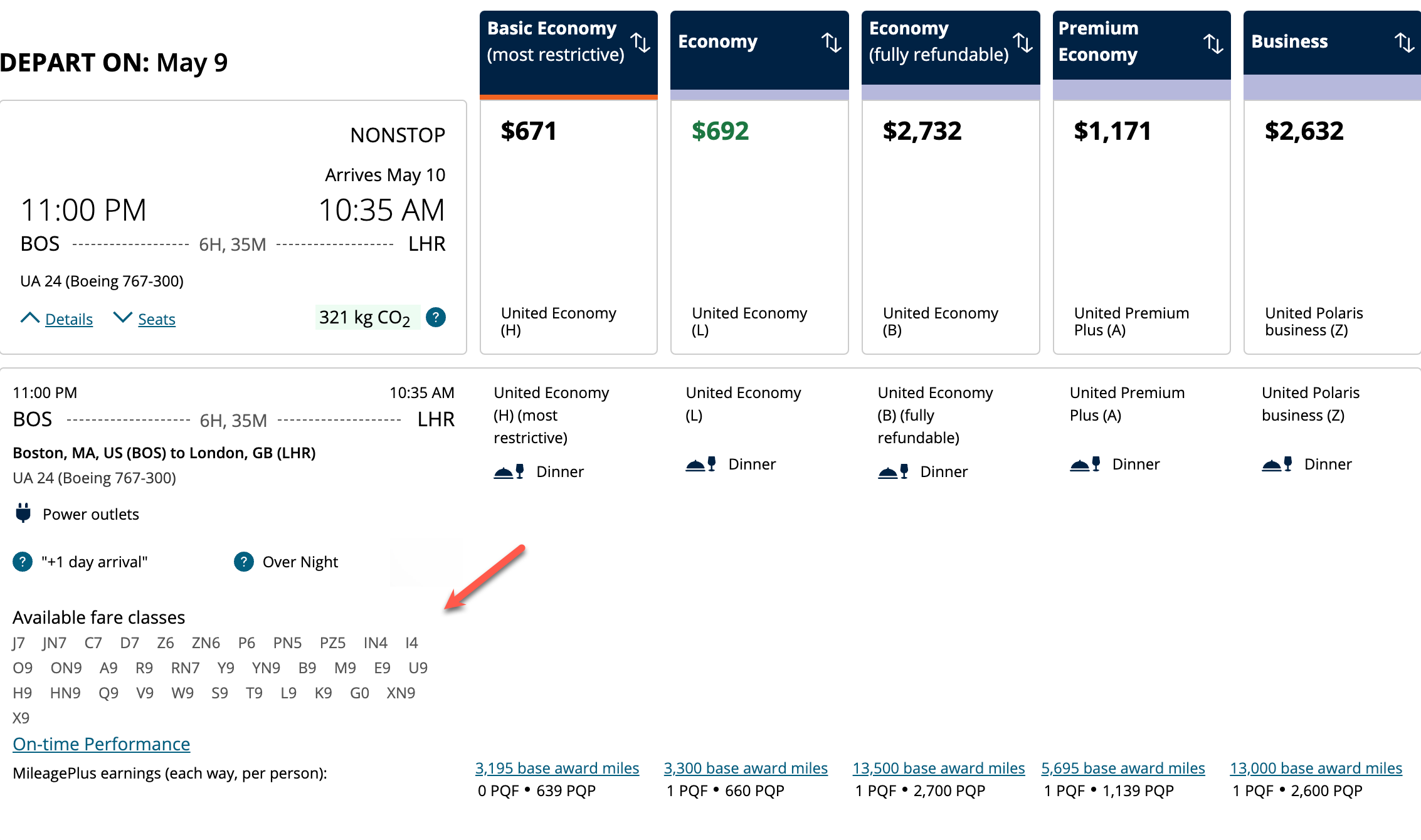 Fare classes from BOS to LHR