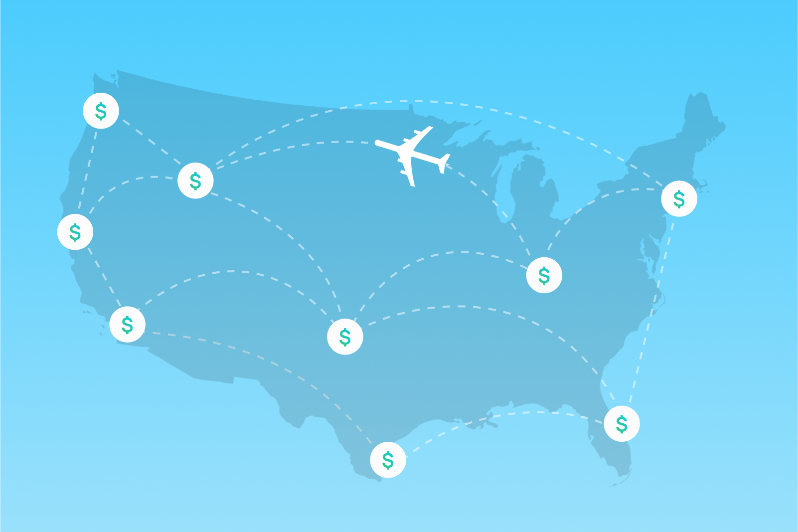 An illustration of the US with dotted lines connecting the major airports