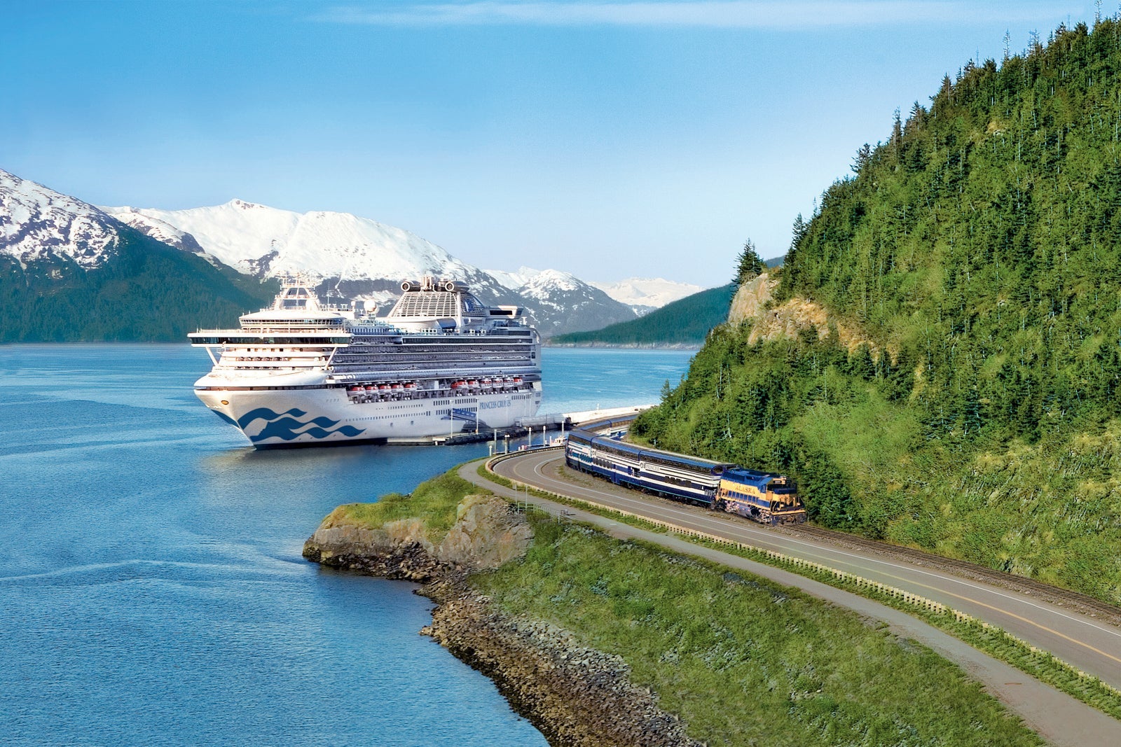 Denali Express Train with Sapphire Princess in Whittier, Alaska.