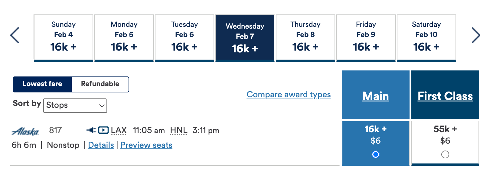 An Alaska Airlines award flight from Los Angeles to Honolulu
