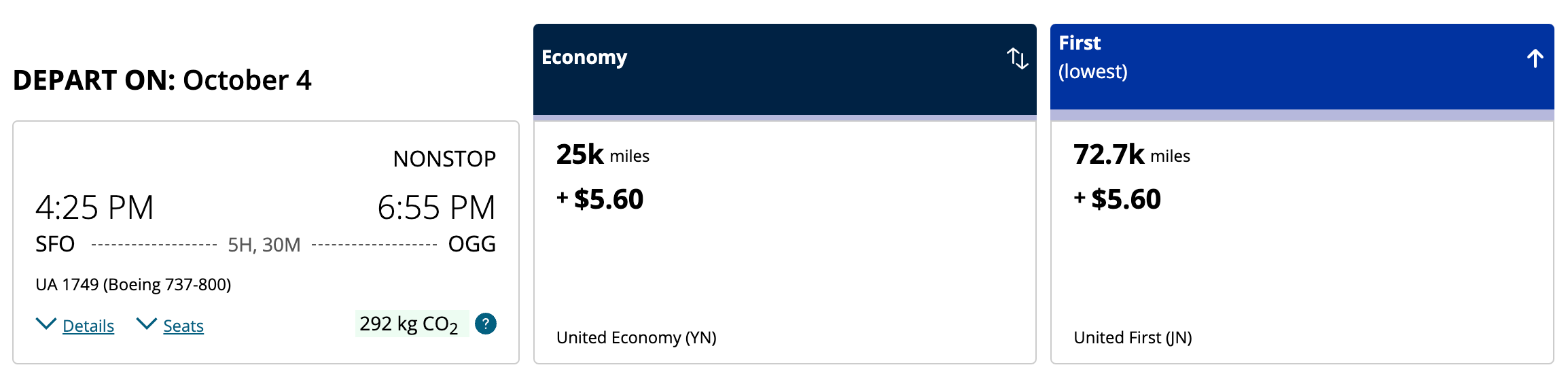 A United Airlines award ticket from San Francisco to Maui