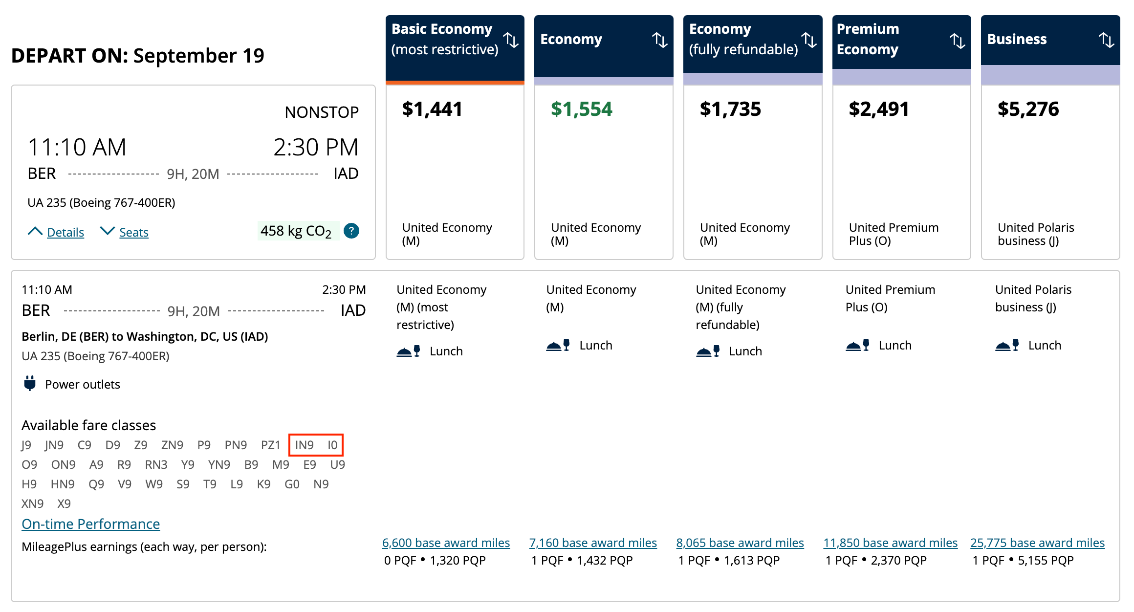 A one-way United flight from Berlin to Washington with expert mode enabled