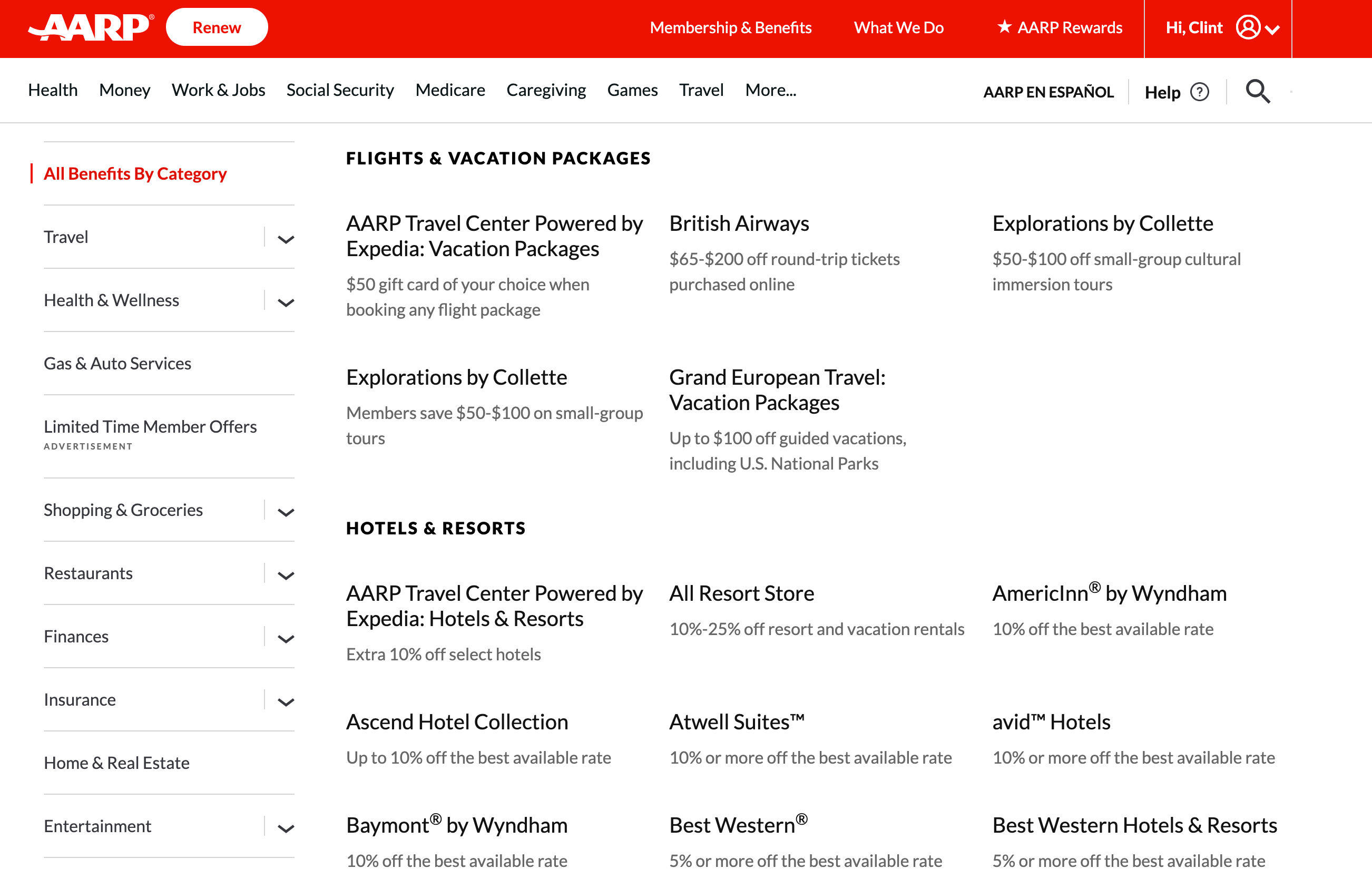 AARP discount travel codes page