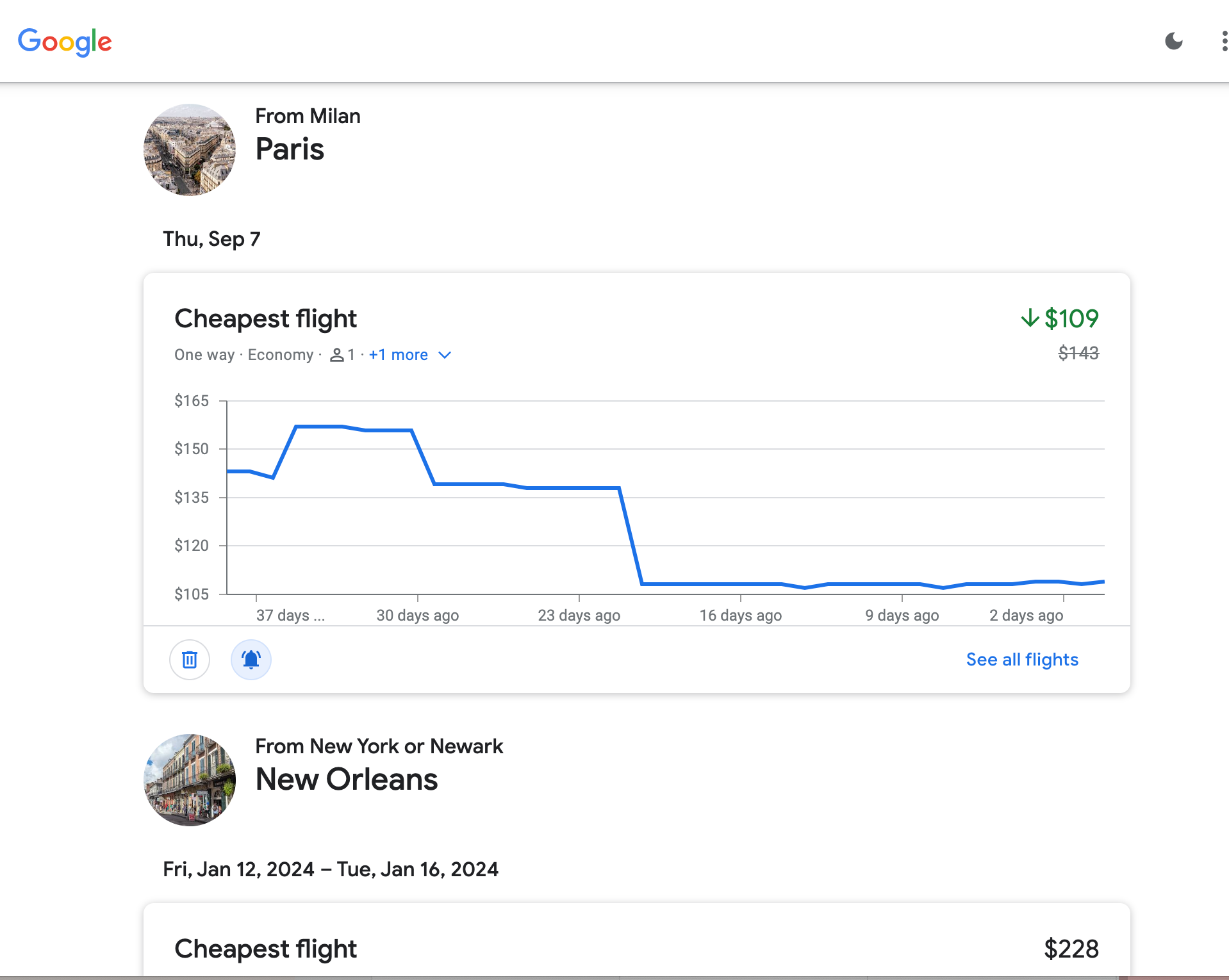 Google Flights tracking page.