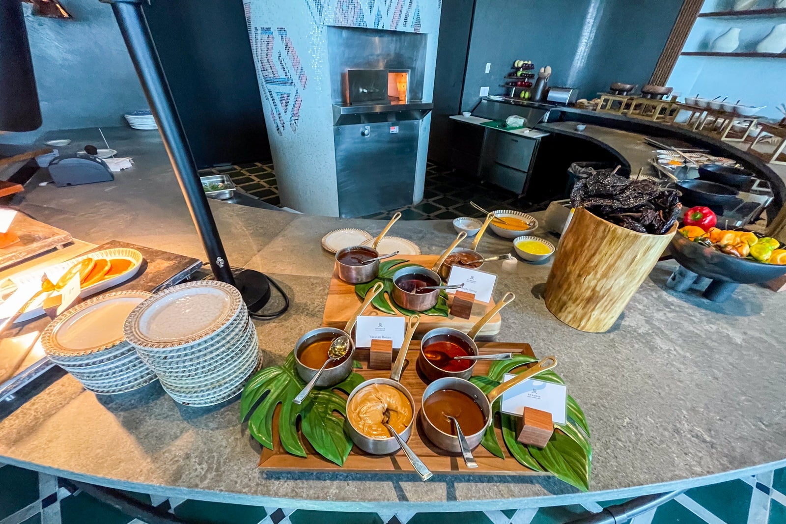 Jams, honey and more for breakfast breads at the buffet. St. Regis Kanai Resort, Riviera Maya