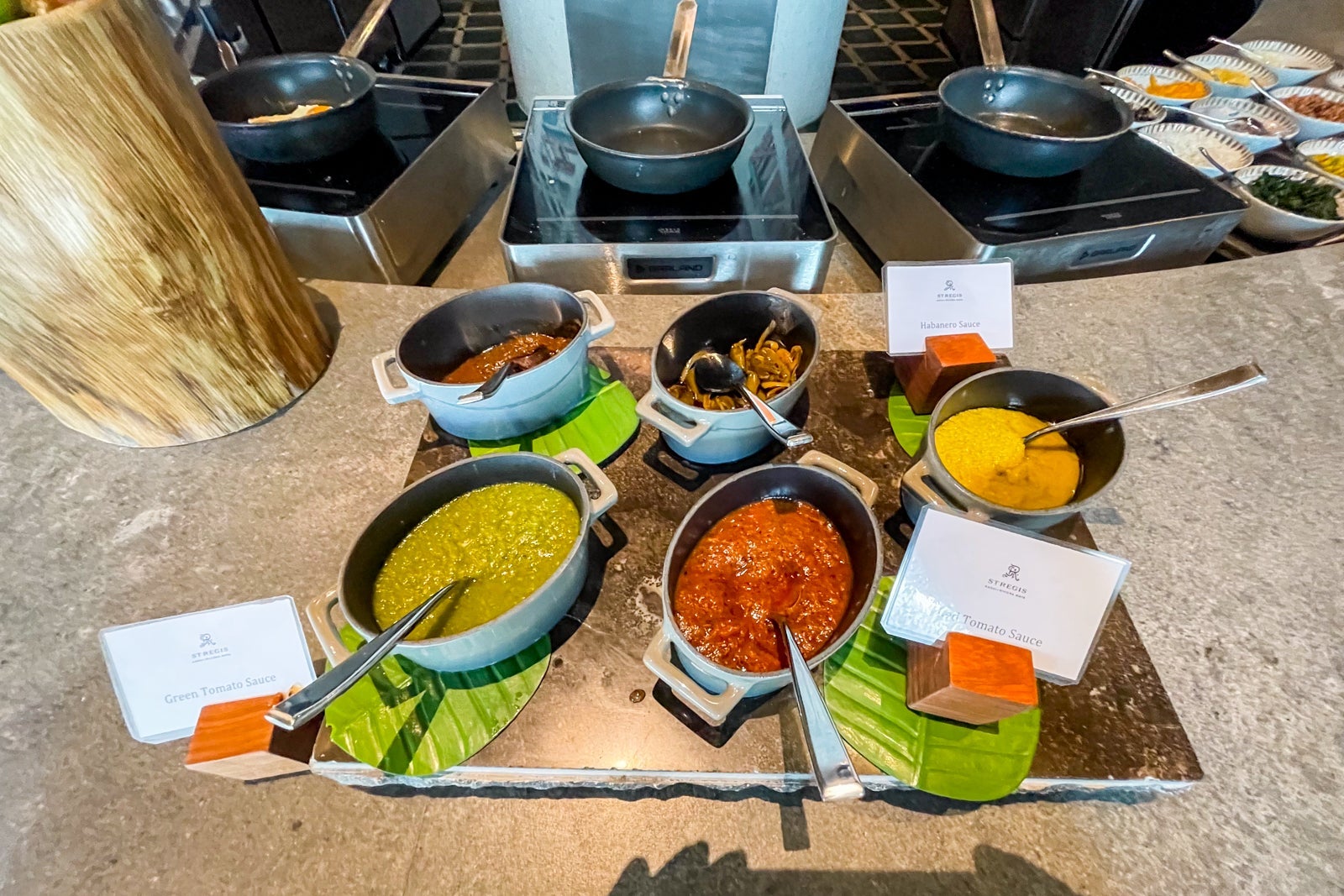 Salsas on the breakfast buffet. St. Regis Kanai Resort, Riviera Maya