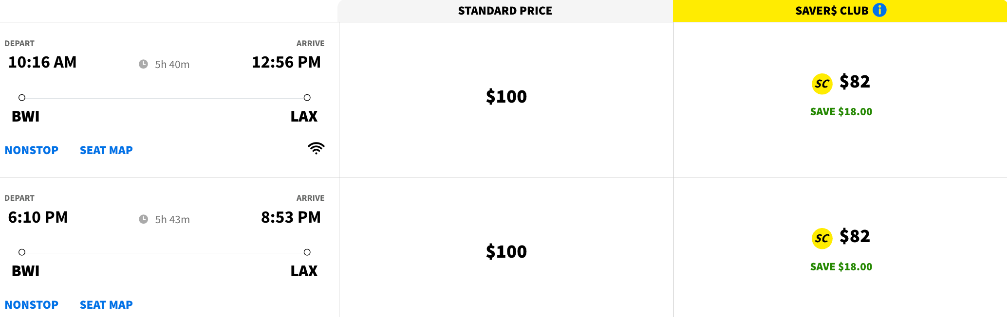 One-way Spirit flight from BWI to LAX