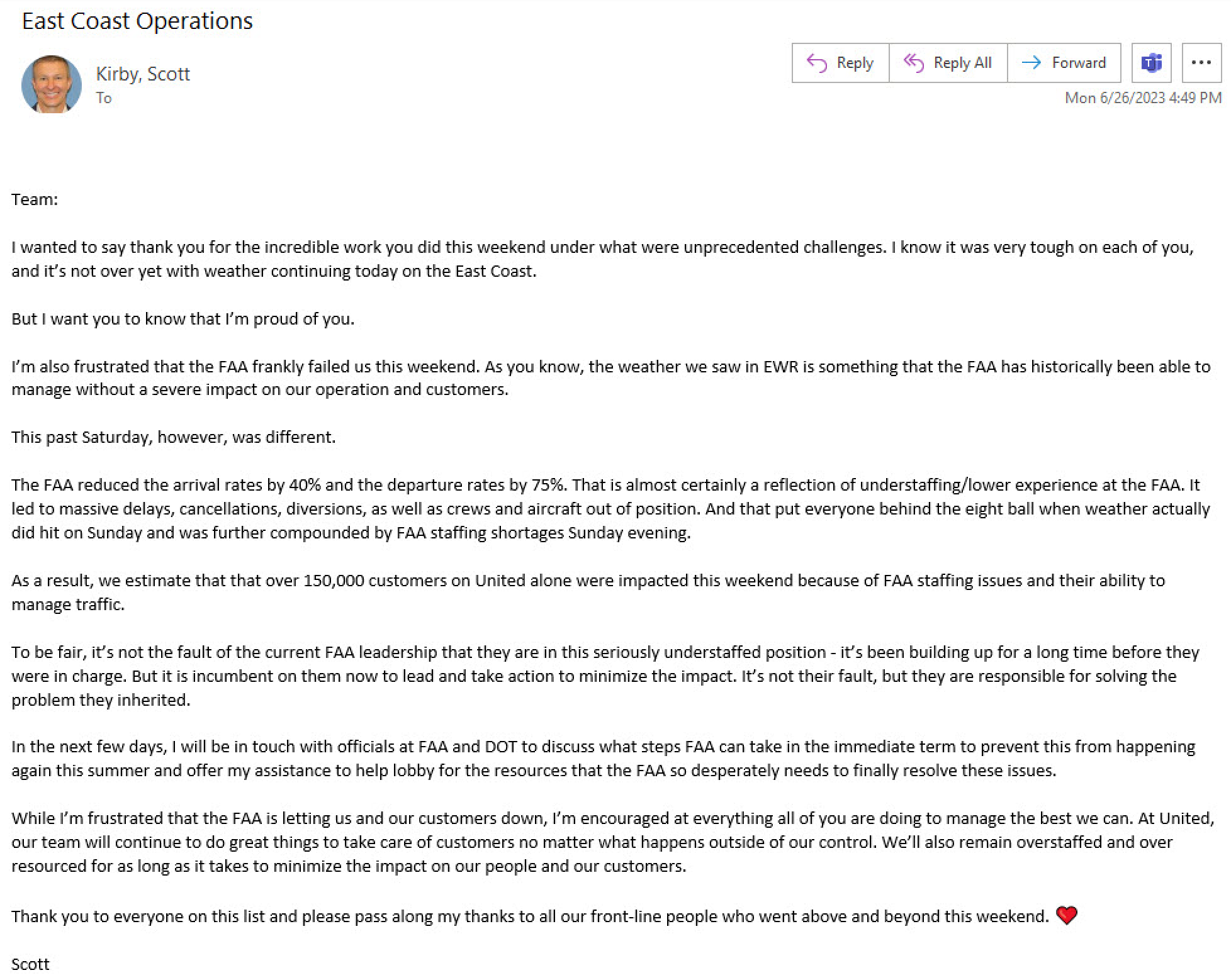 Email memo from United CEO Scott Kirby to employees.