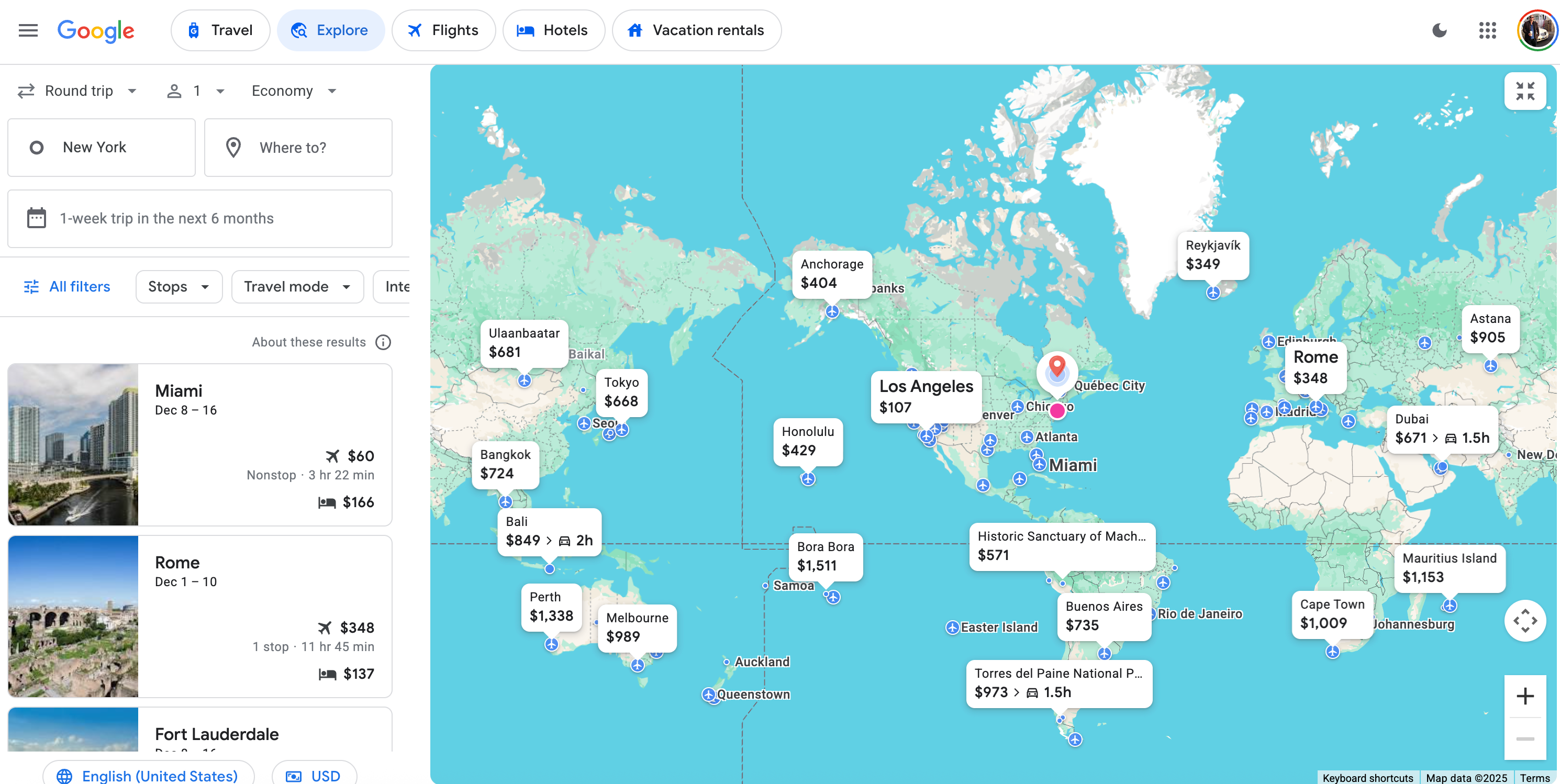 Google Flights Explore with interactive map.
