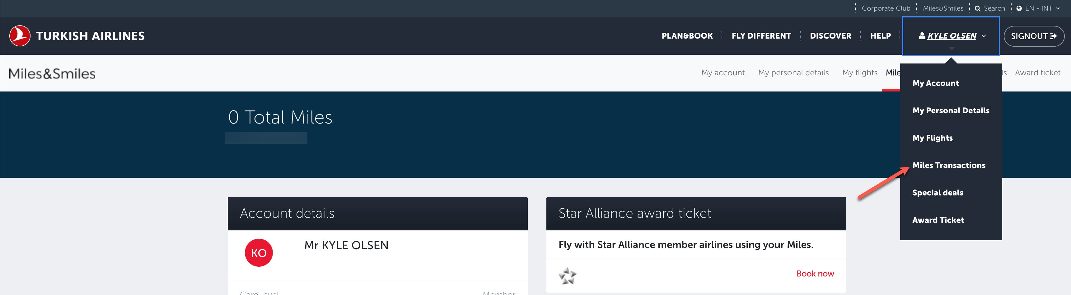 Turkish Airlines Miles Transactions page
