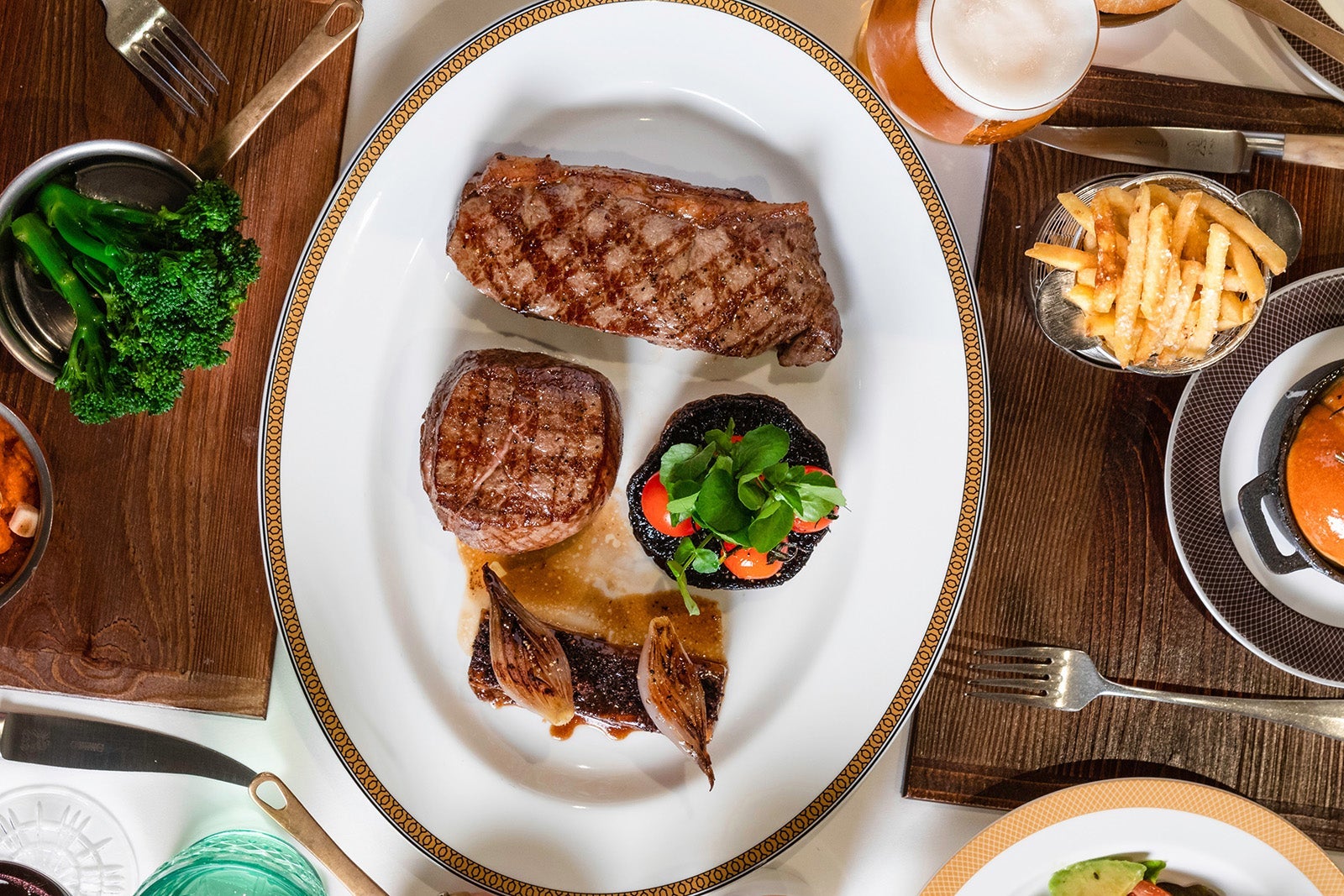 White oval plate with steak sampler
