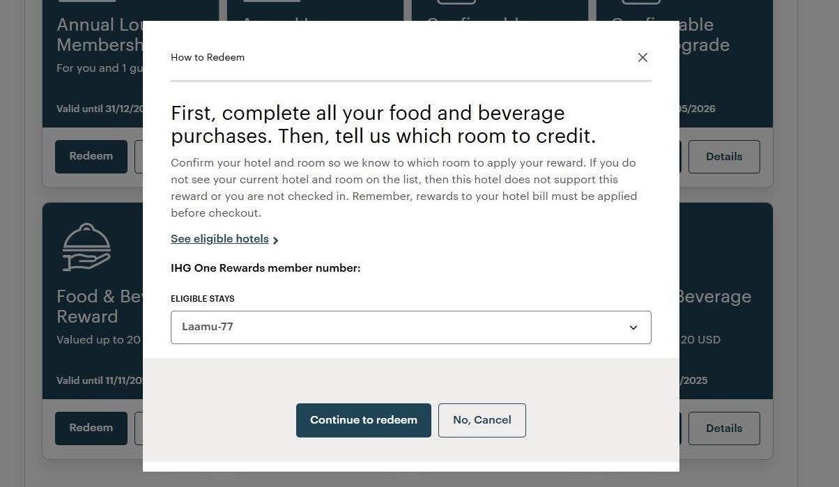 Redeeming an IHG food and beverage reward