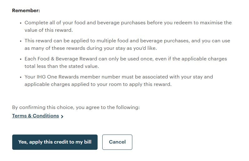 Using an IHG food and beverage reward