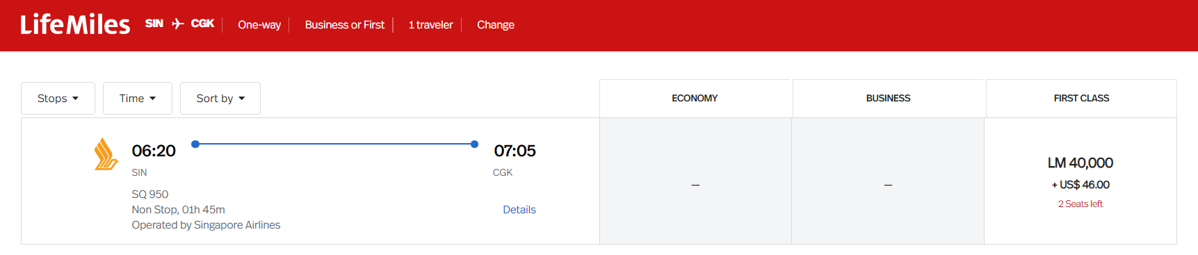Redeem LifeMiles for Singapore first class