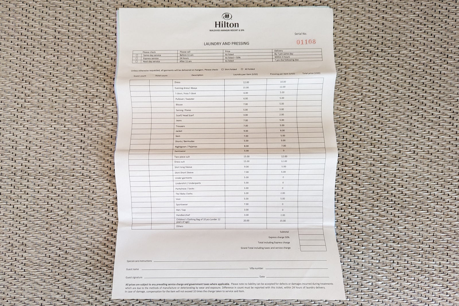 Hilton Maldives Amingiri laundry costs