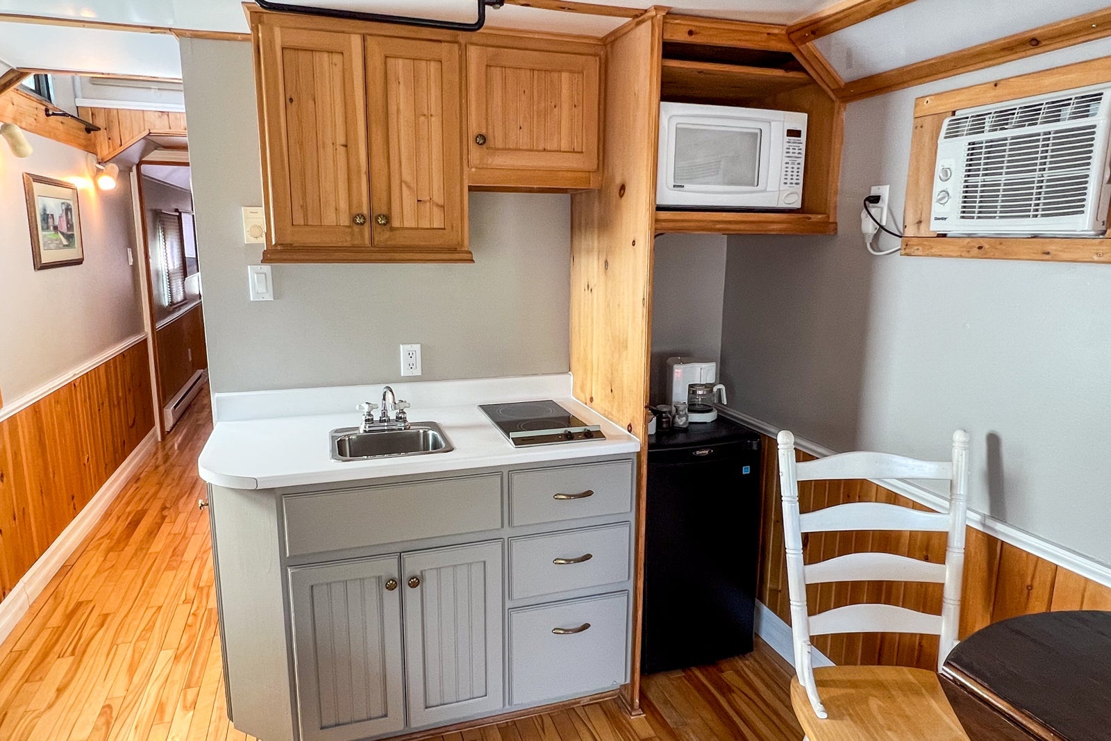The kitchenette of Caboose #8 at the Train Station Inn in Tatamagouche, Nova Scotia