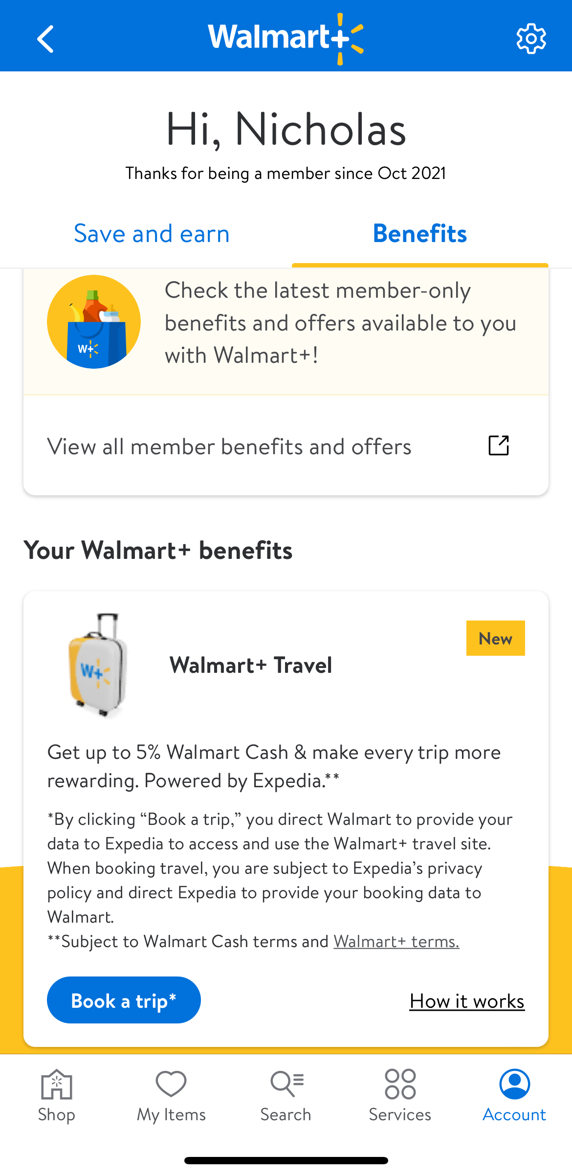 The Walmart+ benefits page of the Walmart app