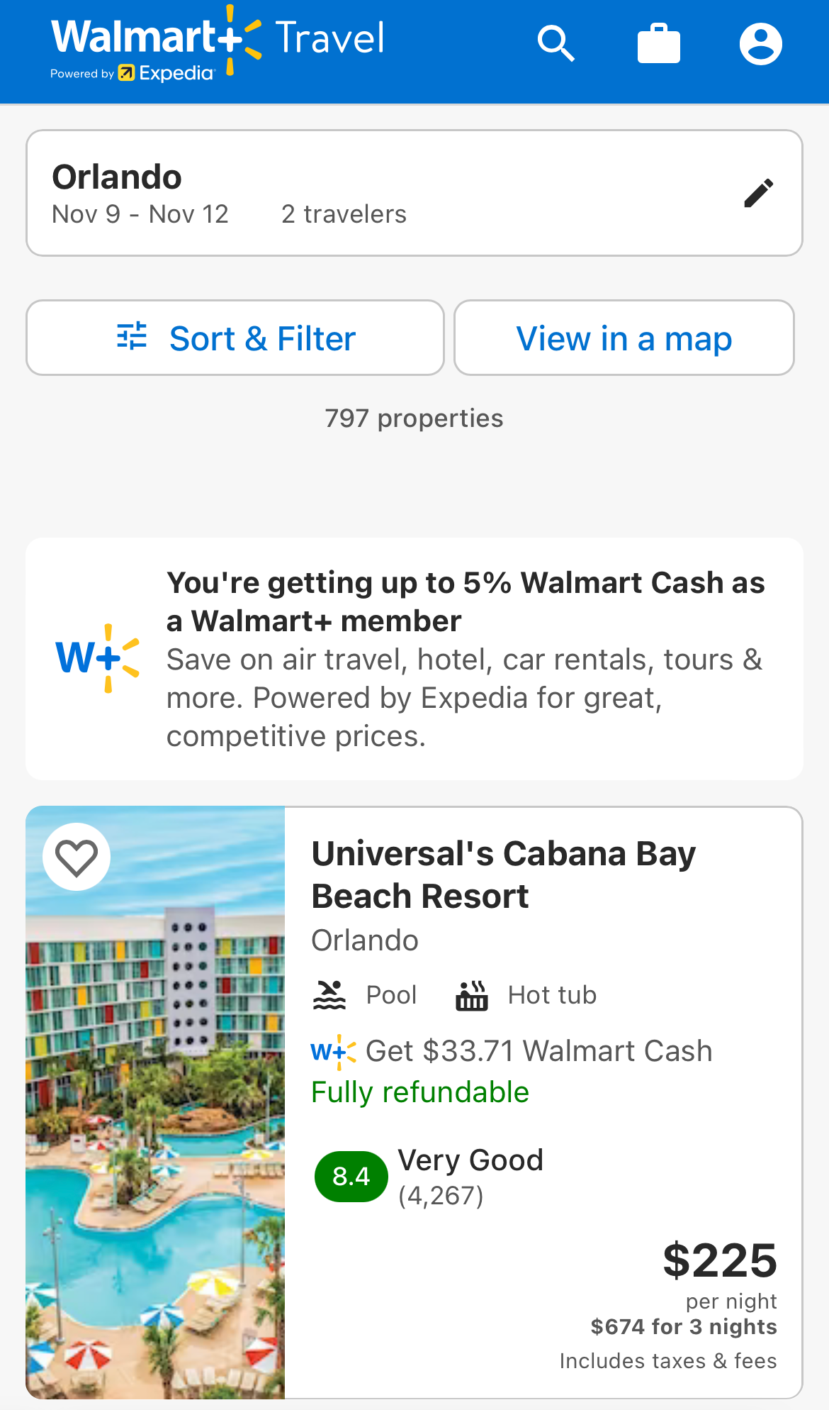 A search for Orlando hotels on Walmart+ Travel