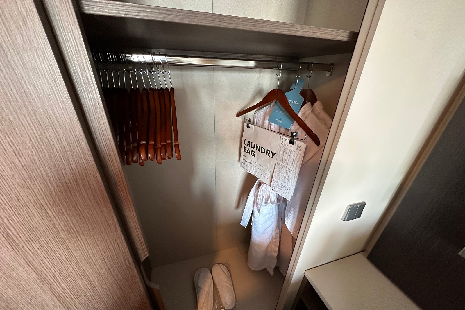 The closet in a baclony cabin on a cruise ship