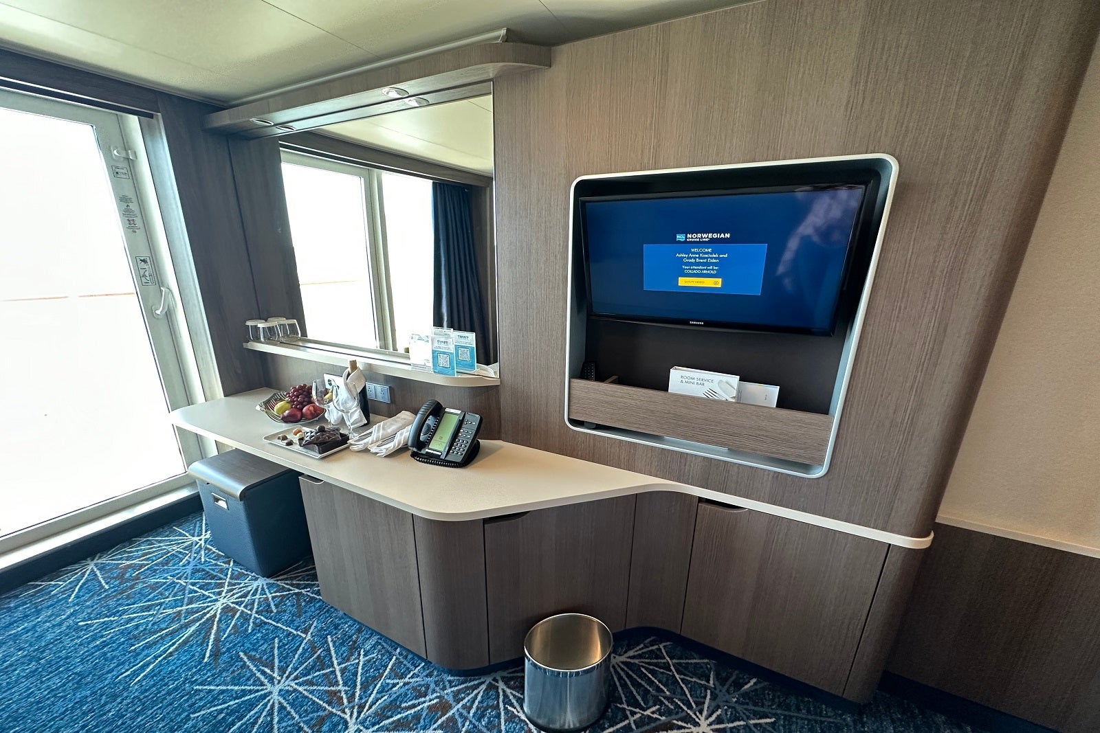 The vanity area in a cruise ship cabin