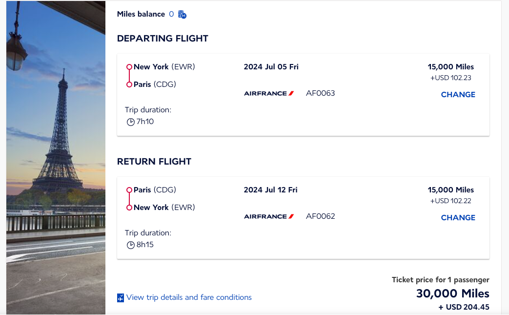 Air France booking with Flying Blue miles.