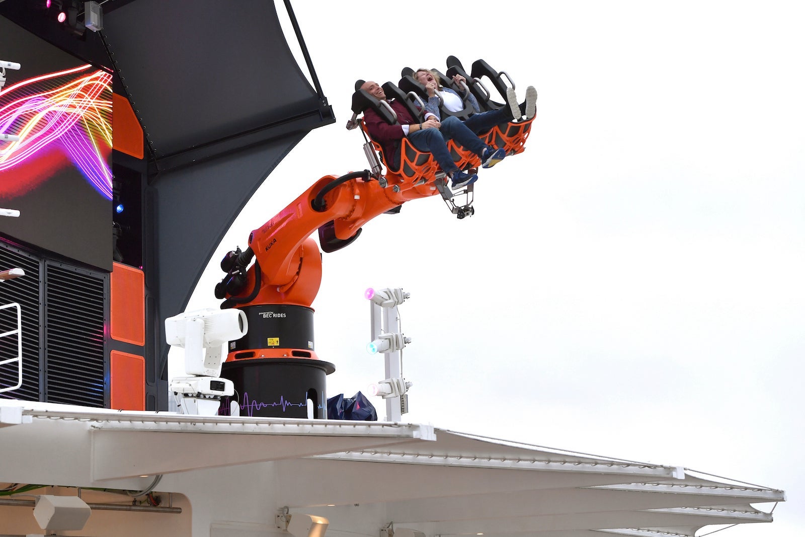 A robotic arm thrill ride on top of a cruise ship