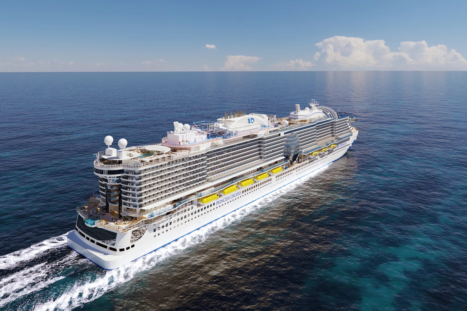 a cruise ship sails toward the horizon under a blue sky with clouds